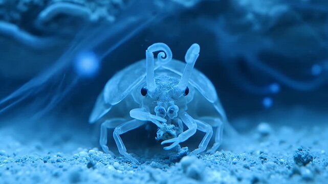 Underwater macro of transparent crustacean moving curled antennae