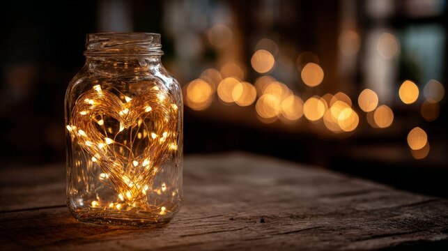 A glass jar filled with heart-shaped fairy lights on a wooden table, glowing warmly in a dreamy, cinematic setting.