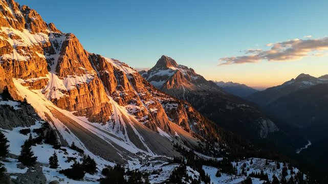 Mountain slopes at sunrise. Morning light illuminating mountain slopes from the side, revealing texture and depth in the landscape.