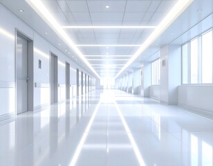 Fototapeta premium A bright, modern hospital corridor with clean white floors, sleek lighting, and large windows, conveying hygiene, safety, and a calm, professional healthcare environment.