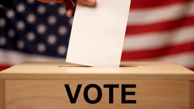American voter casting ballot into box with USA flag on voting day for democracy freedom