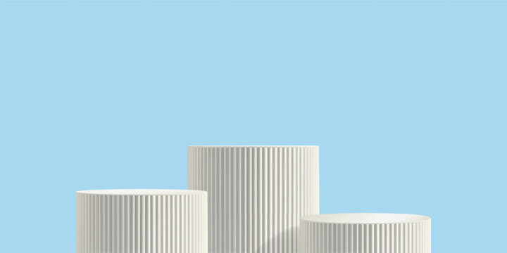 White poduim on sky blue bg, three ribbed pillar 3d column. Product marble stand, Light platform. Elegant award pedestal, pastel cosmetic display. Museum stage exhibition, luxury abstract classic base
