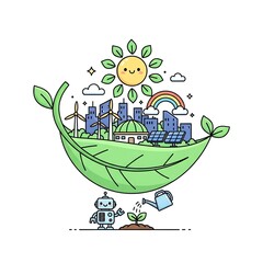 Fototapeta premium Ecofriendly city powered by renewable energy and cared for by a robot.