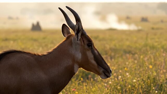 African Hartebeest or Topi Antelope Backlit in Savanna at Golden Hour