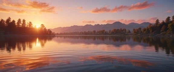 Obraz premium Sunset over serene lake with vibrant colors and ripples, beauty, peaceful , lake