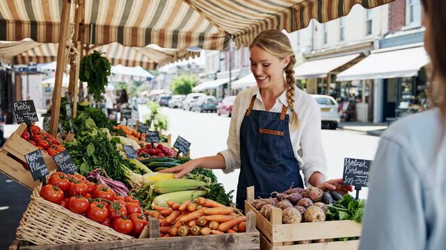Local vegetable vendor. A local vendor standing behind a small produce stand, selling fresh vegetables in a calm neighborhood setting.