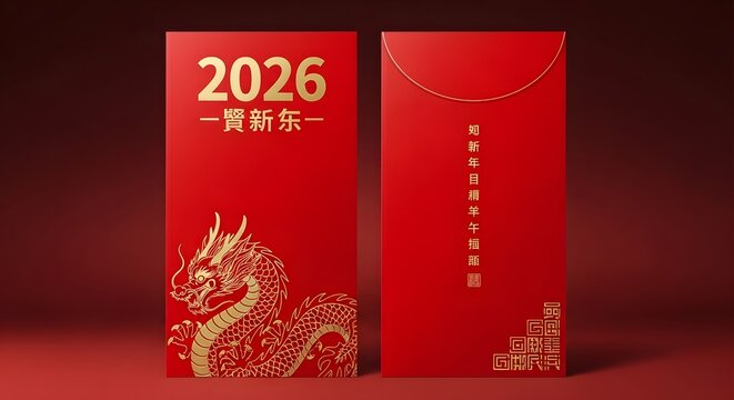 Chinese new year 2026 red envelope with golden dragon design and lunar calendar