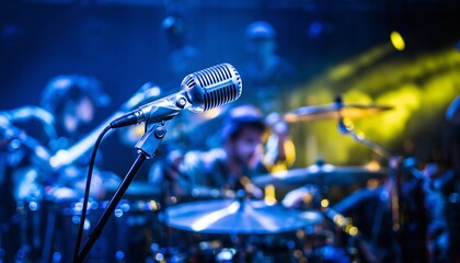 Obraz premium Classic retro microphone in sharp focus with blurred drum kit and musician in background, illuminated by dramatic blue and yellow stage lighting for music industry content