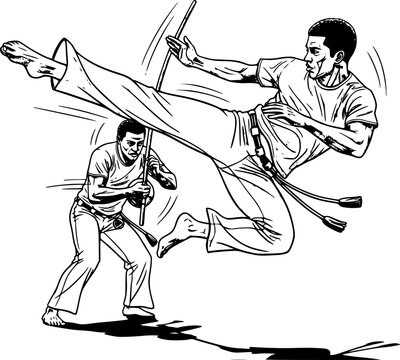 Silhouette capoeira fighters performing dynamic kicks and movements in a martial arts combat sequence, black and white 
