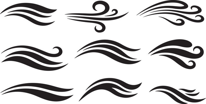 Collection of black swirly abstract design elements and symbols