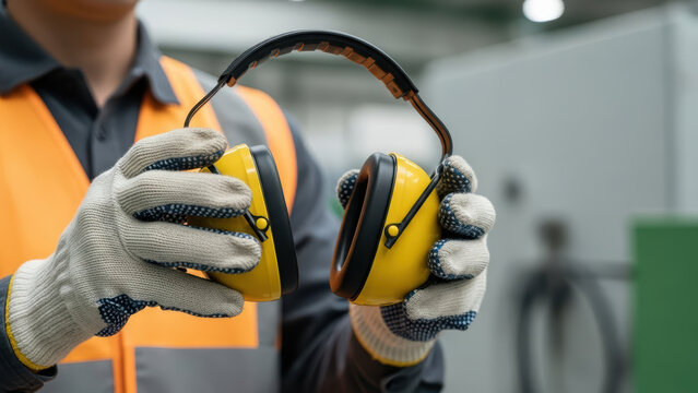 Industrial worker holding protective earmuffs in gloved hands inside modern factory workshop, emphasizing workplace safety, noise reduction and personal protective equipment compliance