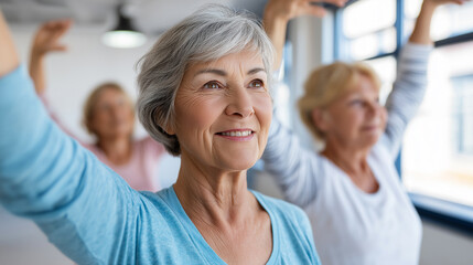 Obraz premium Smiling senior woman exercising with arms outstretched in a group fitness class for active aging. 