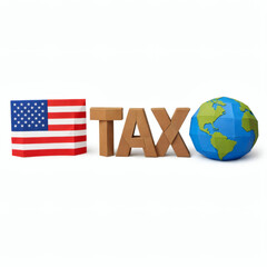 Global Taxation: Symbolic representation of global taxation. The words TAX are placed beside a 3D Earth globe, and the American flag.