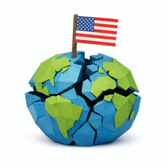Global Division: A fragmented representation of the Earth is pierced by the American flag. The image hints at divisions and the impact of the US across the planet. 