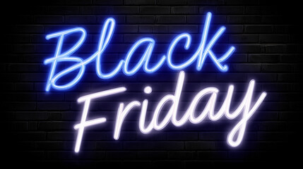 Obraz premium Black Friday neon sign in blue and white script lettering on a dark black brick wall background for retail sales and shopping promotions.