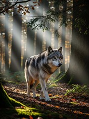 Obraz premium Portrait of a wolf in the forest. The wolf is standing in the forest.