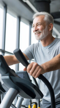 Smiling middle-aged man exercising on a treadmill in a modern gym environment.
