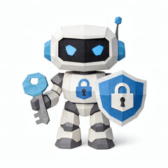 Cybersecurity Guardian: A strong robot sentinel, brandishing a protective shield and key, embodies digital security, standing as a vigilant guardian of information and secrets in the digital realm.