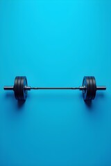 AI Generative. Heavy barbell with black weights on bright blue background. 3