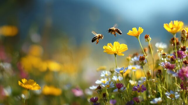 Bees and flowers in spring field 