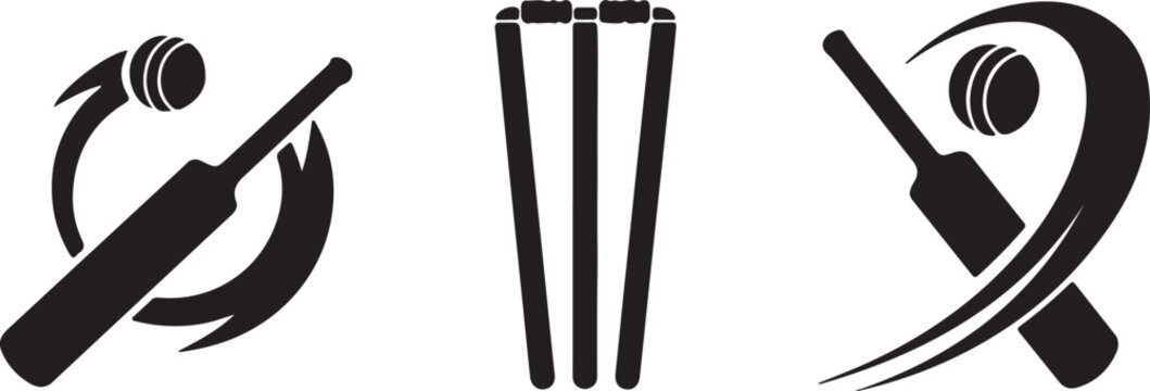 Cricket Wicket Silhouettes Set Black Vector Collection Stumps Ball Sports Emblems, black and white silhouette, vector and illustration