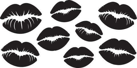 Lipstick Kiss Marks Silhouettes Set Black Vector Collection, black and white silhouette, vector and illustration