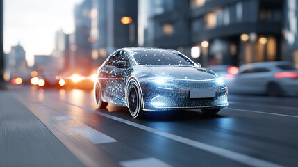 Naklejka premium Futuristic electric car visualized with digital wireframe technology driving through a modern city street at dusk. 