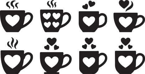 Love Coffee Mug Icons Set Black Vector Collection Romantic Cup Heart Symbols, black and white silhouette, vector and illustration	