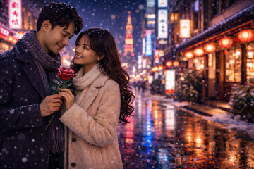 Romantic Couple Sharing a Rose on Snowy Street
