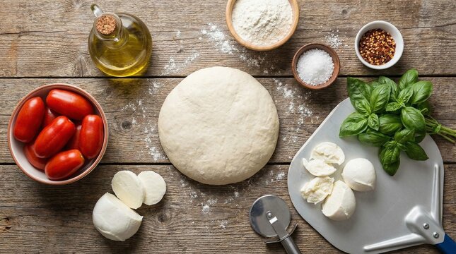 A pizza base surrounded by ingredients on a rustic wooden table. Ingredients are neatly arranged, including olive oil, flour, salt, chili flakes, basil, mozzarella, and tomatoes