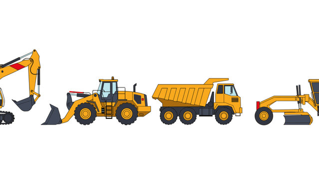 Construction vehicles collection featuring excavator, bulldozer, dump truck, and compactor