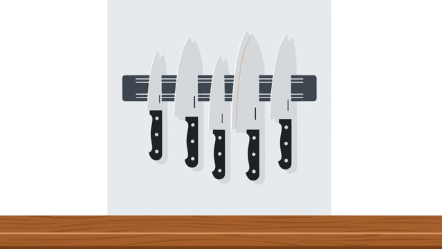 Flat kitchen knife set on magnetic holder over wooden counter