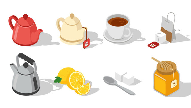 Isometric tea set with teapots, cup, and accessories for a cozy break