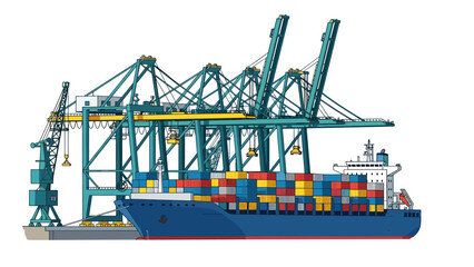Fototapeta premium Container ship at industrial port with cranes in detailed flat design