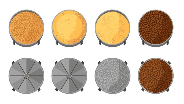 Top view of grain silos with various grain textures in flat design