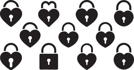 Fototapeta premium Heart shaped padlock icons set, love lock symbols, security and romance concept, solid black silhouettes, simple flat design collection, black and white silhouette, vector and illustration