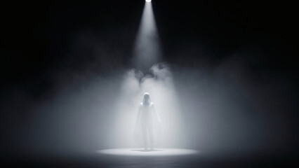 Fototapeta na wymiar Spotlight on a Mysterious Figure in Foggy Darkness