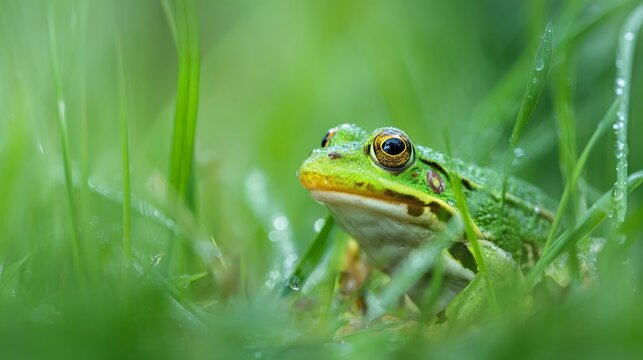 Cute green frog in spring grass 