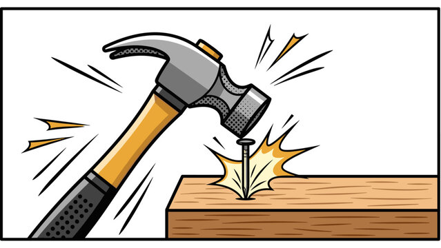 Dynamic comic style hammer with nail impact on wood with explosive action lines