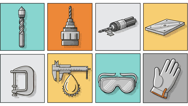 Stylized industrial tools and safety gear in retro pop art design