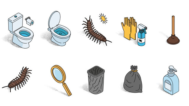 Home pest control: centipedes and essential cleaning tools in isometric design