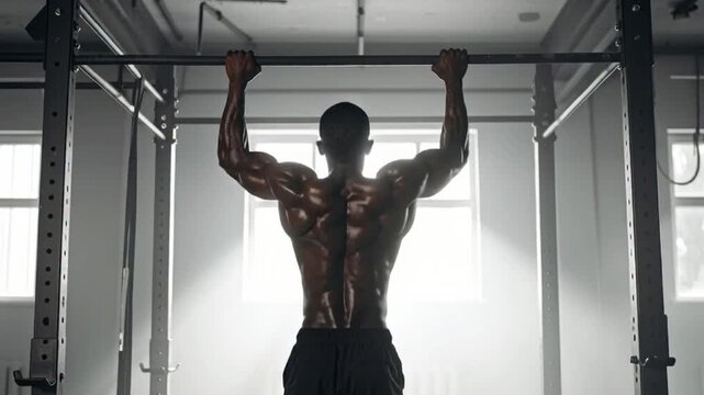 Muscular man exercising on pull-up bar in gym