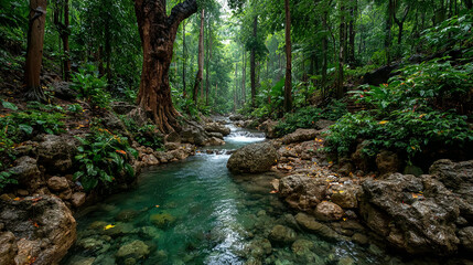 Obraz premium A lush green forest with a flowing river and rocky banks.