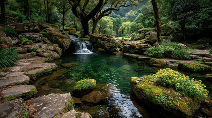 A lush forest with a small waterfall flowing into a tranquil pond.