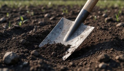 Shovel digging garden soil