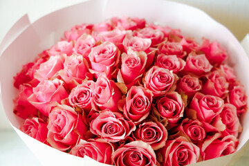 Pink roses arranged in a bouquet for special occasions and celebrations in a bright setting