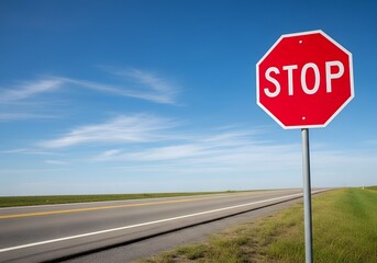 Red Stop Sign on an Empty Rural Road Under a Clear Blue Sky Symbolizing Traffic Regulation and Safety
