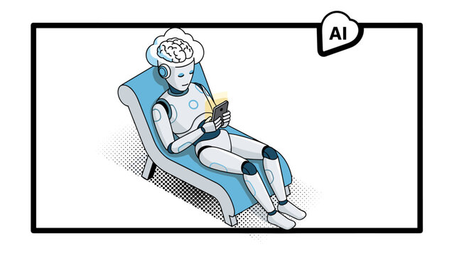 Ai robot relaxing on recliner browsing smartphone in a modern comic style