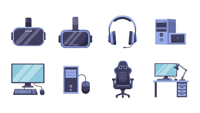 Gamer setup icons: vr headset, headphones, and computer equipment in flat style