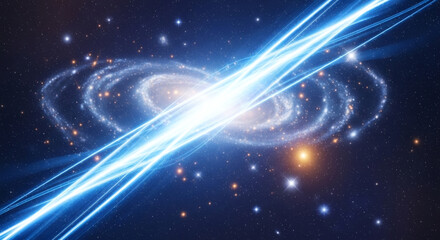 Obraz premium Cosmic Galaxy Collision with Bright Blue Beams and Stars in Space